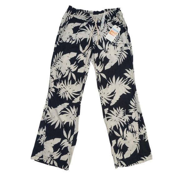 Cali 1850 Womens Black & White Tropical Print Linen Blend Elastic Waist Pants L - Picture 1 of 8